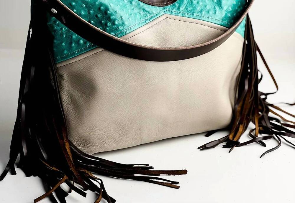 NEW ALEXIS DRAKE women's eleanor shoulder bag in cactus ostrich and stone gray